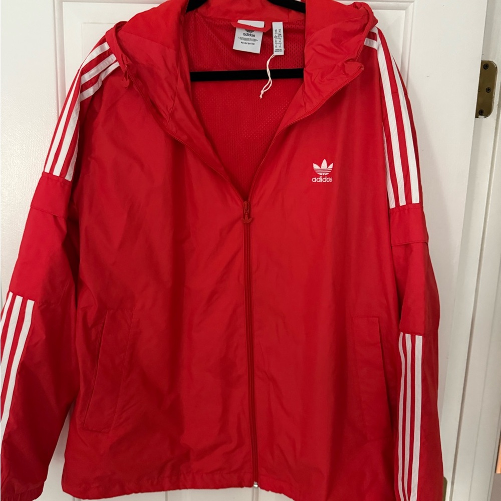 Adidas Red Hooded Jacket with White Stripes - Men’s XL